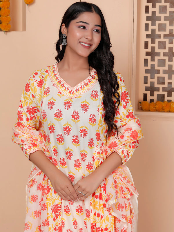 Miramaar Women's Yellow Printed Rayon Anarkali Adda Work Kurta Set