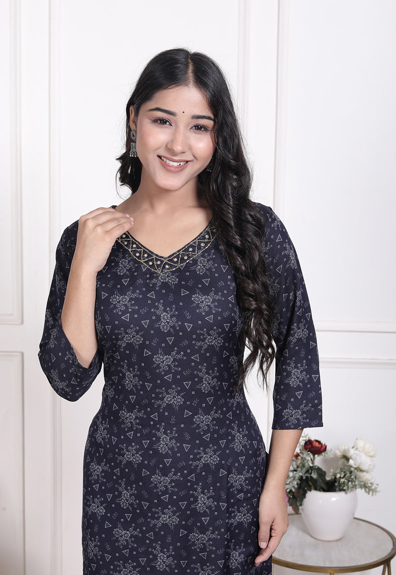 Miramaar Women's Black Cotton Poly Straight Kurta Set with Dupatta & Adda Work