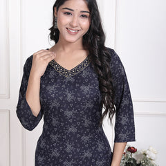 Miramaar Women's Black Cotton Poly Straight Kurta Set with Dupatta & Adda Work