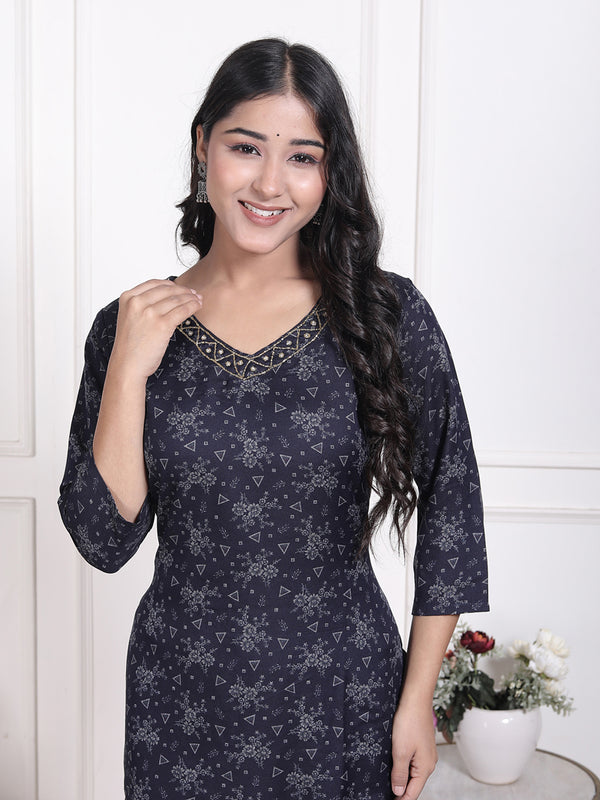 Miramaar Women's Black Cotton Poly Straight Kurta Set with Dupatta & Adda Work