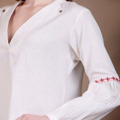 Miramaar Women's Cotton Flex Collared White Solid Embroidered Top