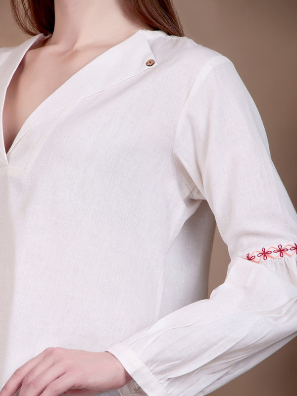 Miramaar Women's Cotton Flex Collared White Solid Embroidered Top