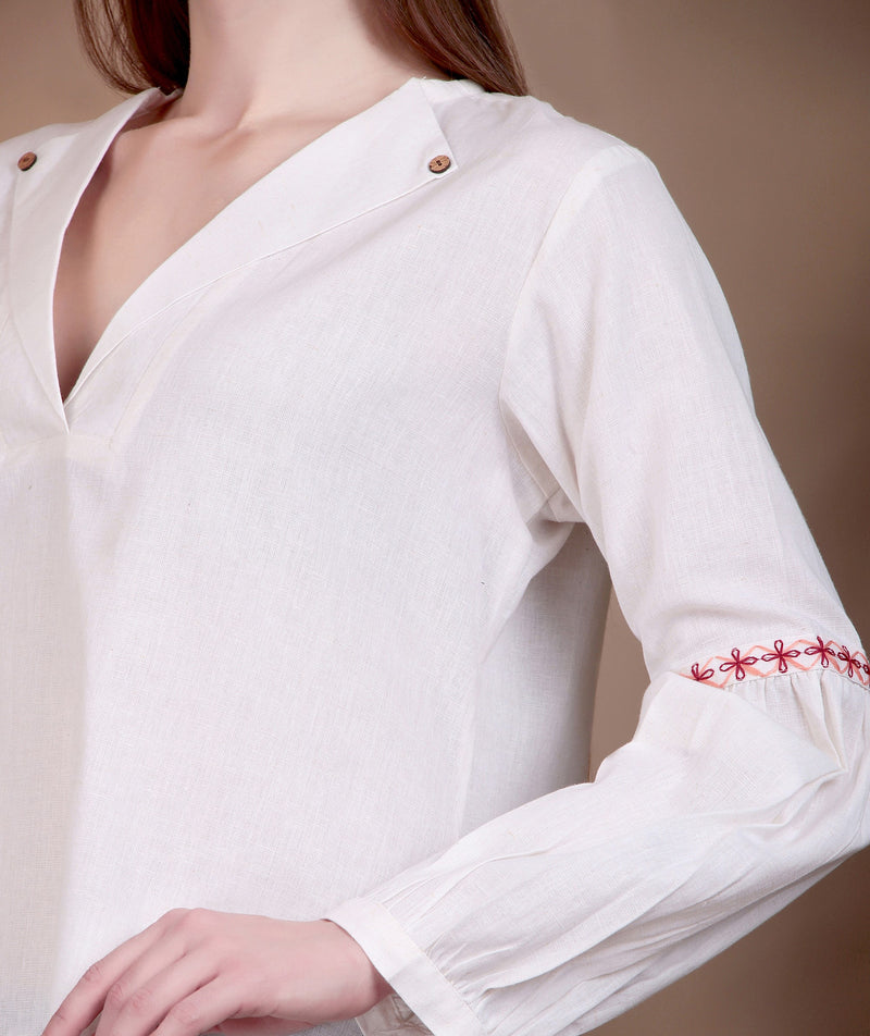 Miramaar Women's Cotton Flex Collared White Solid Embroidered Top