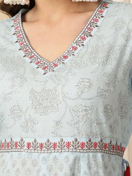 Miramaar Women's Sky Blue Cotton Anarkali Embroidered Kurta pant with Dupatta