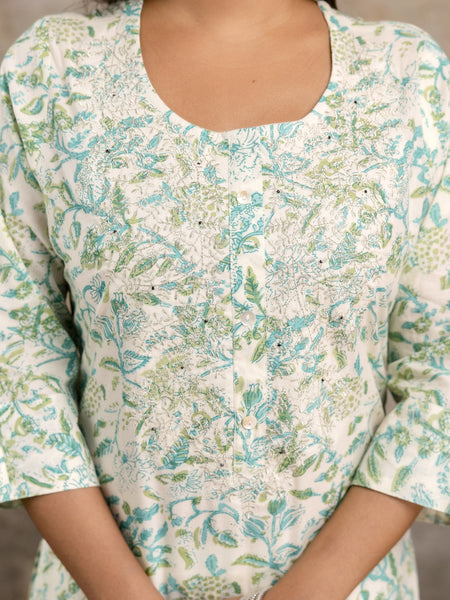 Miramaar Women's Green Straight Adda Work Cotton Kurta Pant with Dupatta