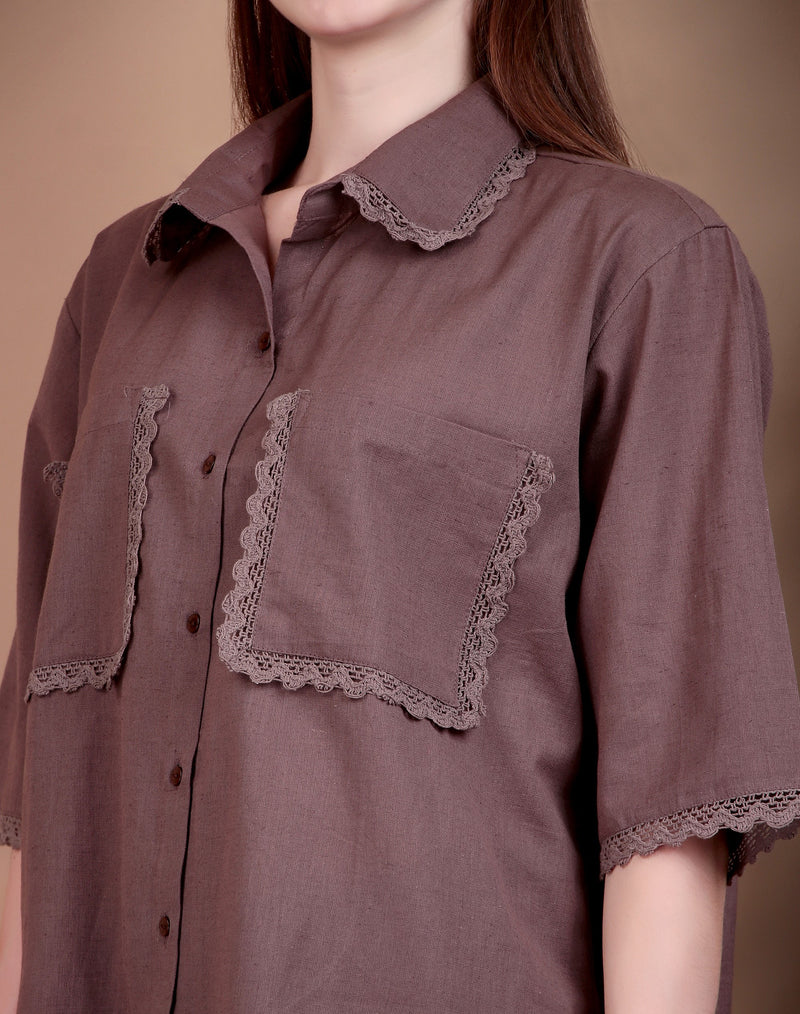 Miramaar Women's Cotton Flex Spread Collar Brown Solid Lace Work Top