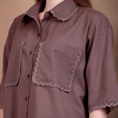 Miramaar Women's Cotton Flex Spread Collar Brown Solid Lace Work Top