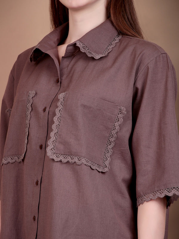 Miramaar Women's Cotton Flex Spread Collar Brown Solid Lace Work Top