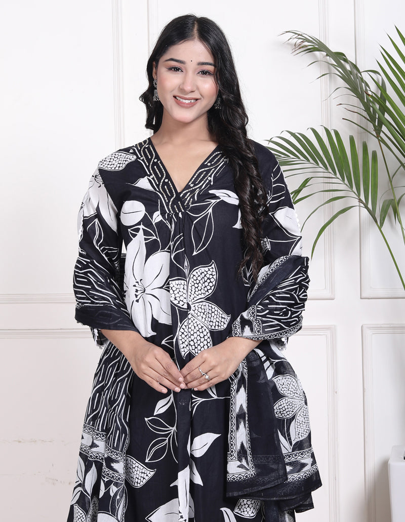 Miramaar Women's Black Cotton A-Line Kurta Set with Dupatta, Floral Print & Adda Work