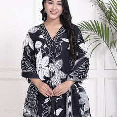 Miramaar Women's Black Cotton A-Line Kurta Set with Dupatta, Floral Print & Adda Work
