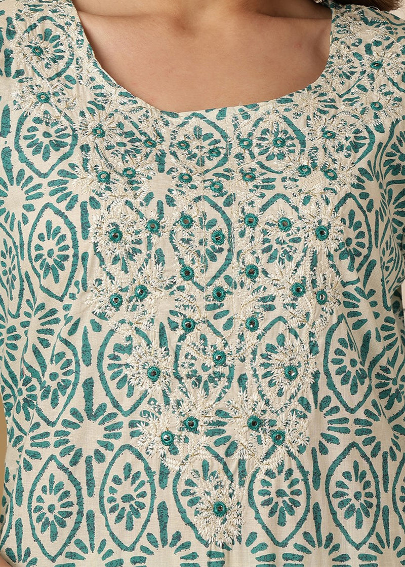 Miramaar Women's Beige & Blue Round Neck Embroidered Kurta Pant with Dupatta