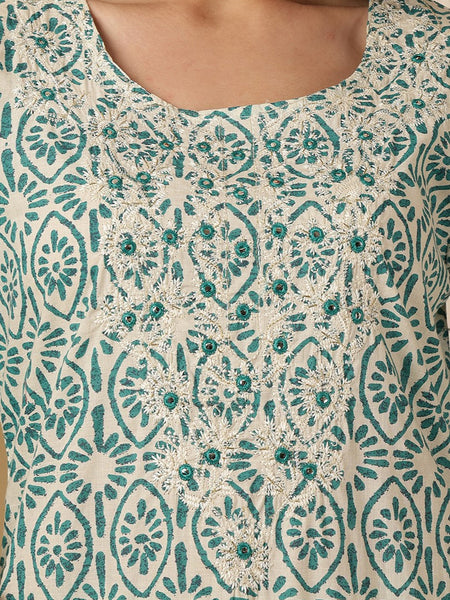 Miramaar Women's Beige & Blue Round Neck Embroidered Kurta Pant with Dupatta