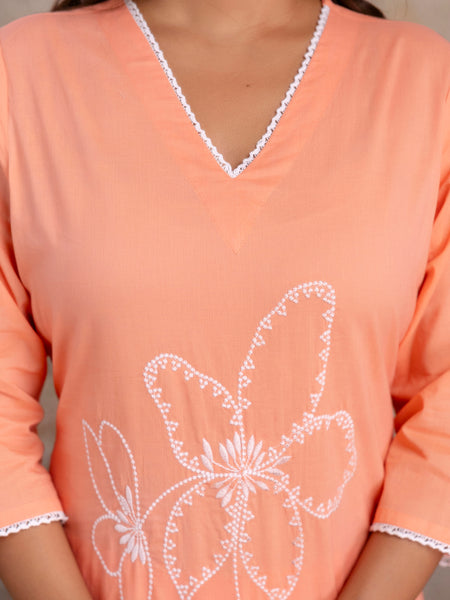 Miramaar Women's Cotton Peach Straight Embroidered Kurta Pant with Dupatta