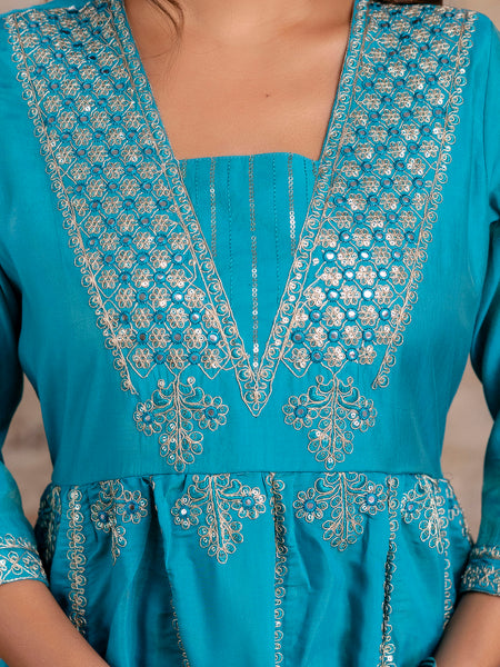 Miramaar Women's Roman Shimmer Embroidered Blue Kurta Pant with Dupatta