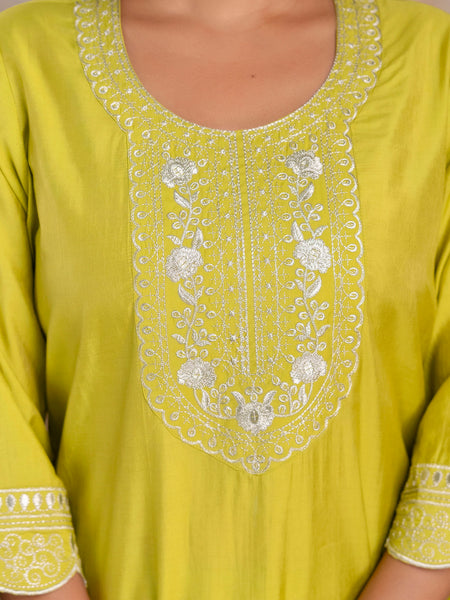 Miramaar Women's Roman Silk Embroidered Lime Green Kurta Pant with Dupatta