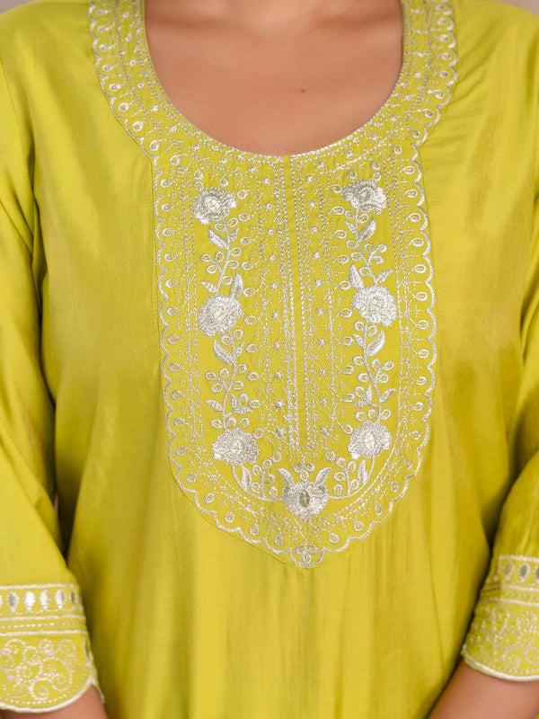 Miramaar Women's Roman Silk Embroidered Lime Green Kurta Pant with Dupatta
