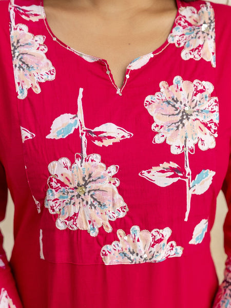 Miramaar Women's Magenta Cotton Straight Adda Work Kurta Set with Dupatta