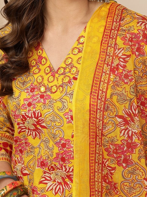 Miramaar Women's Mustard Cotton V-Neck Embroidered Kurta Pant with Dupatta