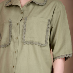 Miramaar Women's Cotton Flex Spread Collar Olive Green Solid Lace Work Top