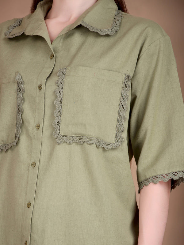 Miramaar Women's Cotton Flex Spread Collar Olive Green Solid Lace Work Top