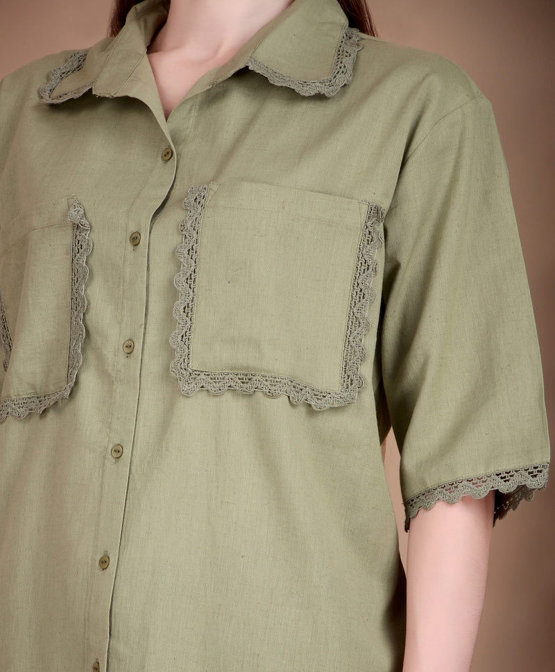 Miramaar Women's Cotton Flex Spread Collar Olive Green Solid Lace Work Top