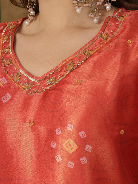 Miramaar Women's Red Shimmer V-Neck Straight Adda Work Kurta Set with Dupatta