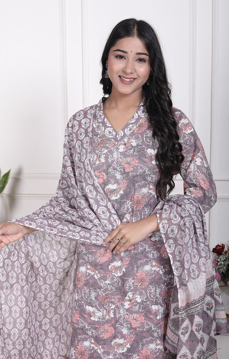 Miramaar Women's Brown Printed Cotton V-Neck Straight Kurta Pant with Dupatta