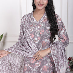 Miramaar Women's Brown Printed Cotton V-Neck Straight Kurta Pant with Dupatta