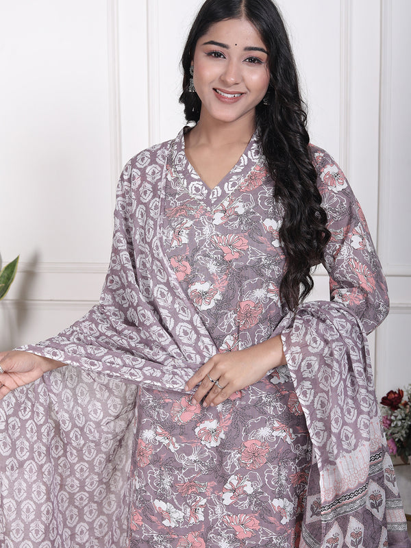 Miramaar Women's Red Cotton Straight V-Neck Kurta Set with Dupatta