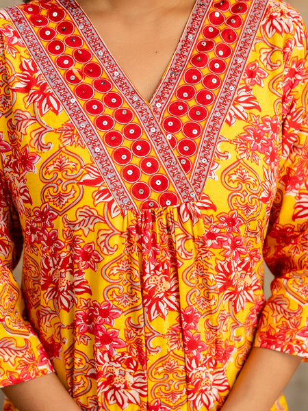 Miramaar Women's Mustard Printed A-line Kurta Pant with Dupatta