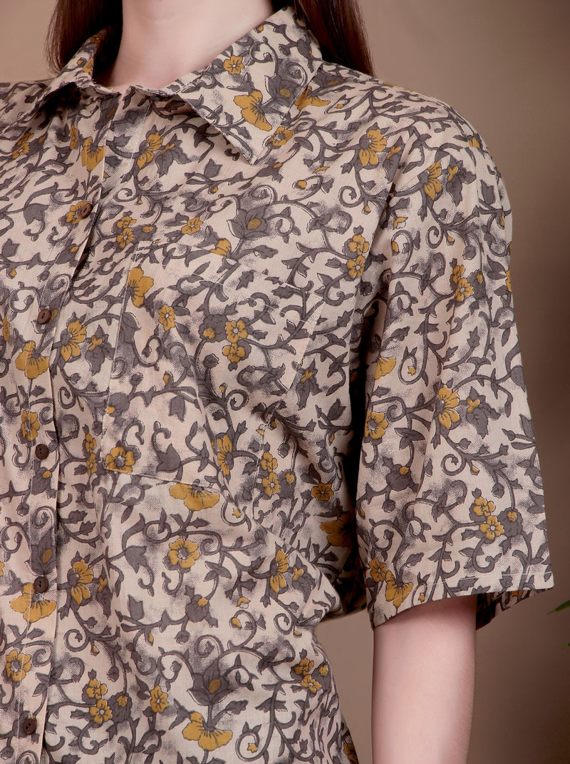 Miramaar Women's Cotton Spread Collar Brown Printed Top