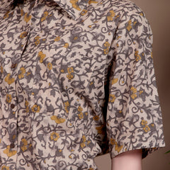 Miramaar Women's Cotton Spread Collar Brown Printed Top