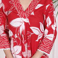 Miramaar Women's Red Printed A-line Cotton Adda Work Kurta Set with Dupatta