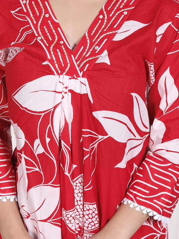 Miramaar Women's Red Printed A-line Cotton Adda Work Kurta Set with Dupatta