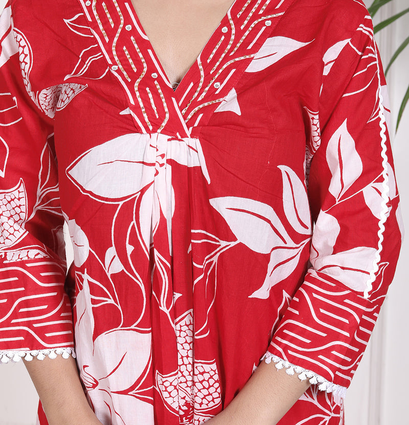 Miramaar Women's Red Printed A-line Cotton Adda Work Kurta Set with Dupatta