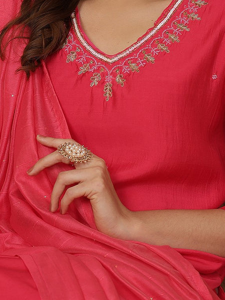 Miramaar Women's Pink V-Neck Roman Silk Kurta Set with Dupatta