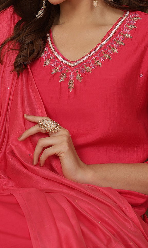 Miramaar Women's Pink V-Neck Roman Silk Kurta Set with Dupatta