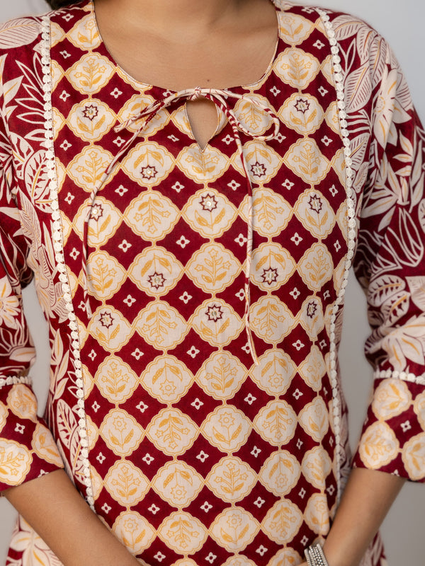 Miramaar Women's Maroon Straight Round Neck Printed Kurta Pant with Dupatta