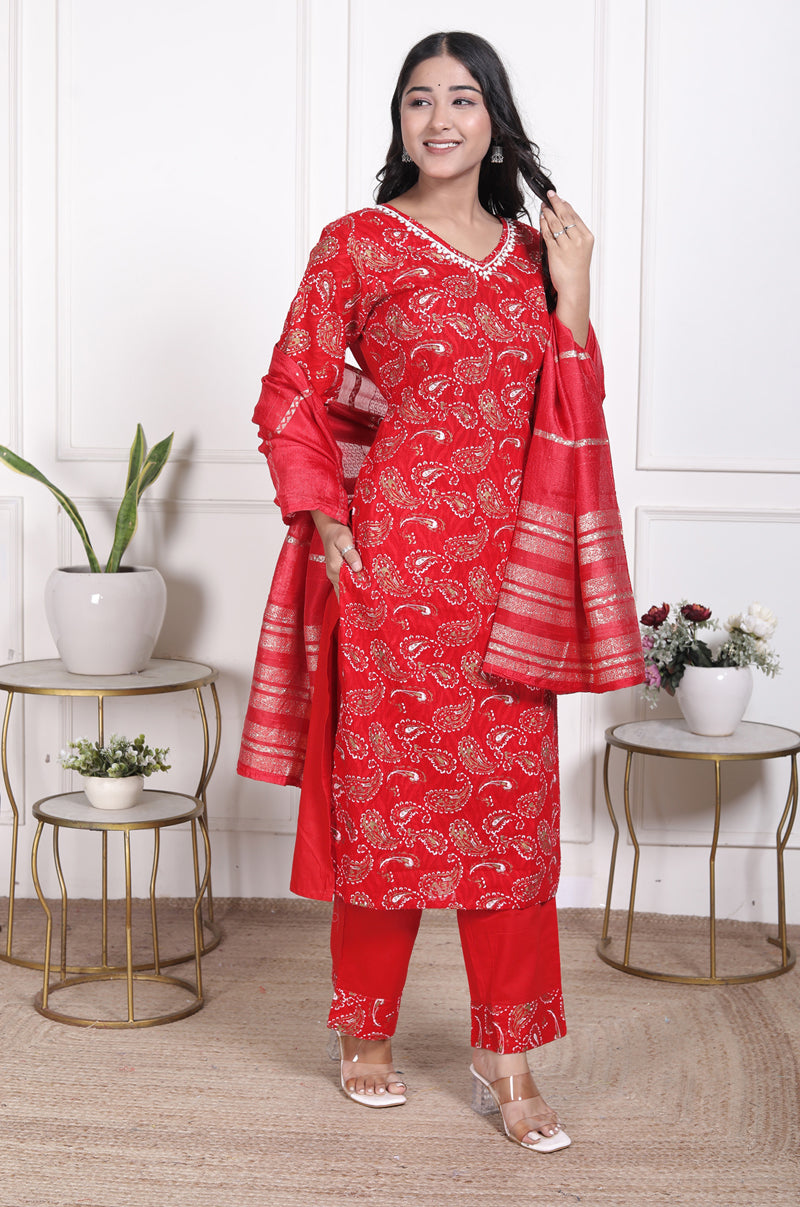 Miramaar Women's Brown Printed Cotton V-Neck Straight Kurta Pant with Dupatta