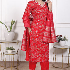 Miramaar Women's Brown Printed Cotton V-Neck Straight Kurta Pant with Dupatta