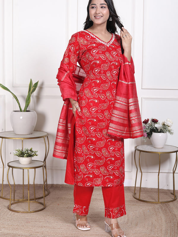 Miramaar Women's Red Cotton Straight V-Neck Kurta Set with Dupatta