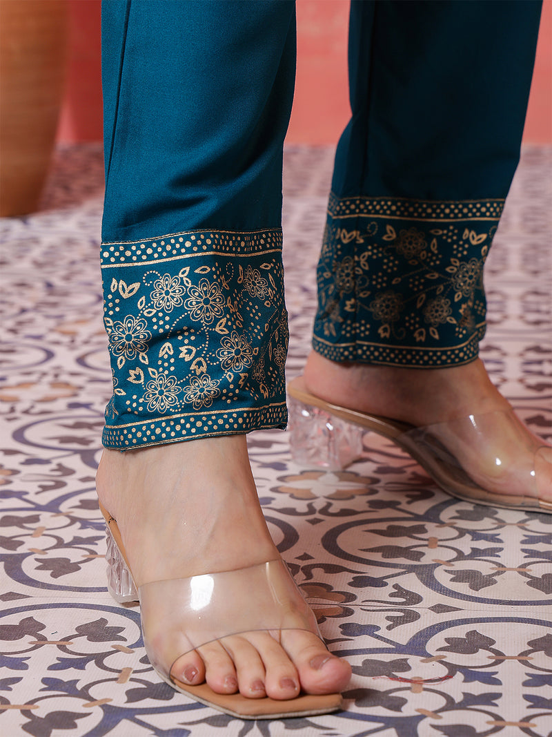 Miramaar Women's Teal Round Neck Embroidered Anarkali Kurti