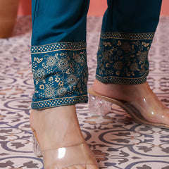 Miramaar Women's Teal Round Neck Embroidered Anarkali Kurti