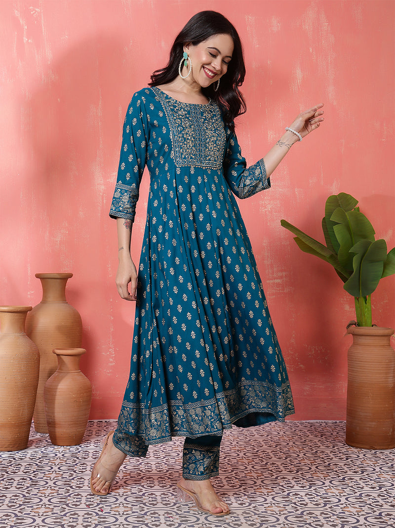 Miramaar Women's Teal Round Neck Embroidered Anarkali Kurti