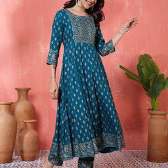 Miramaar Women's Teal Round Neck Embroidered Anarkali Kurti