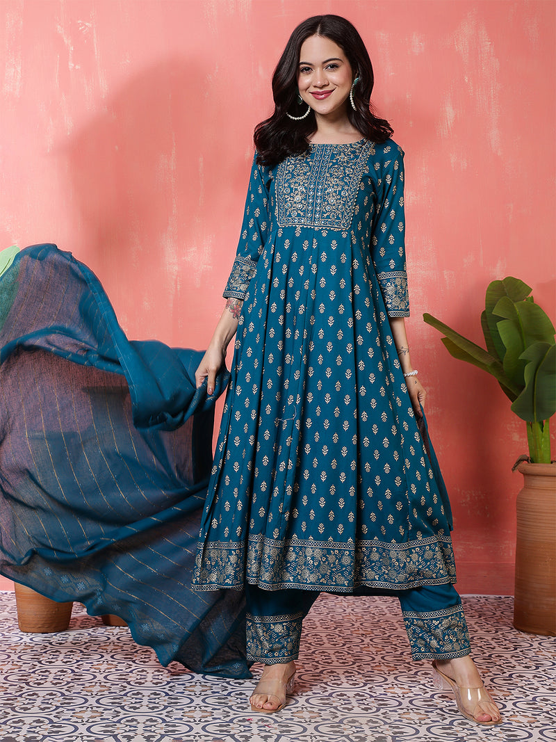 Miramaar Women's Teal Round Neck Embroidered Anarkali Kurti