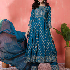 Miramaar Women's Teal Round Neck Embroidered Anarkali Kurti