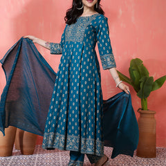 Miramaar Women's Teal Round Neck Embroidered Anarkali Kurti