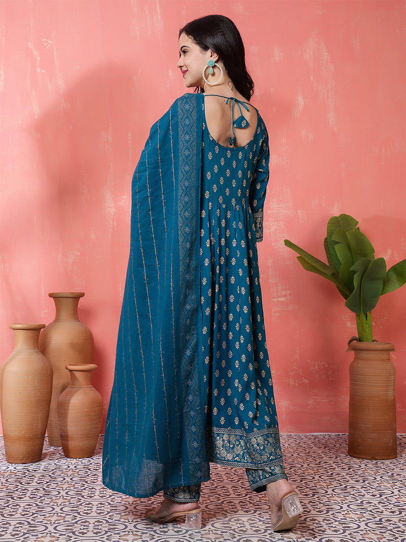 Miramaar Women's Teal Round Neck Embroidered Anarkali Kurti