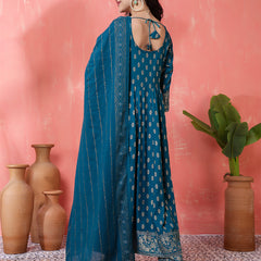 Miramaar Women's Teal Round Neck Embroidered Anarkali Kurti